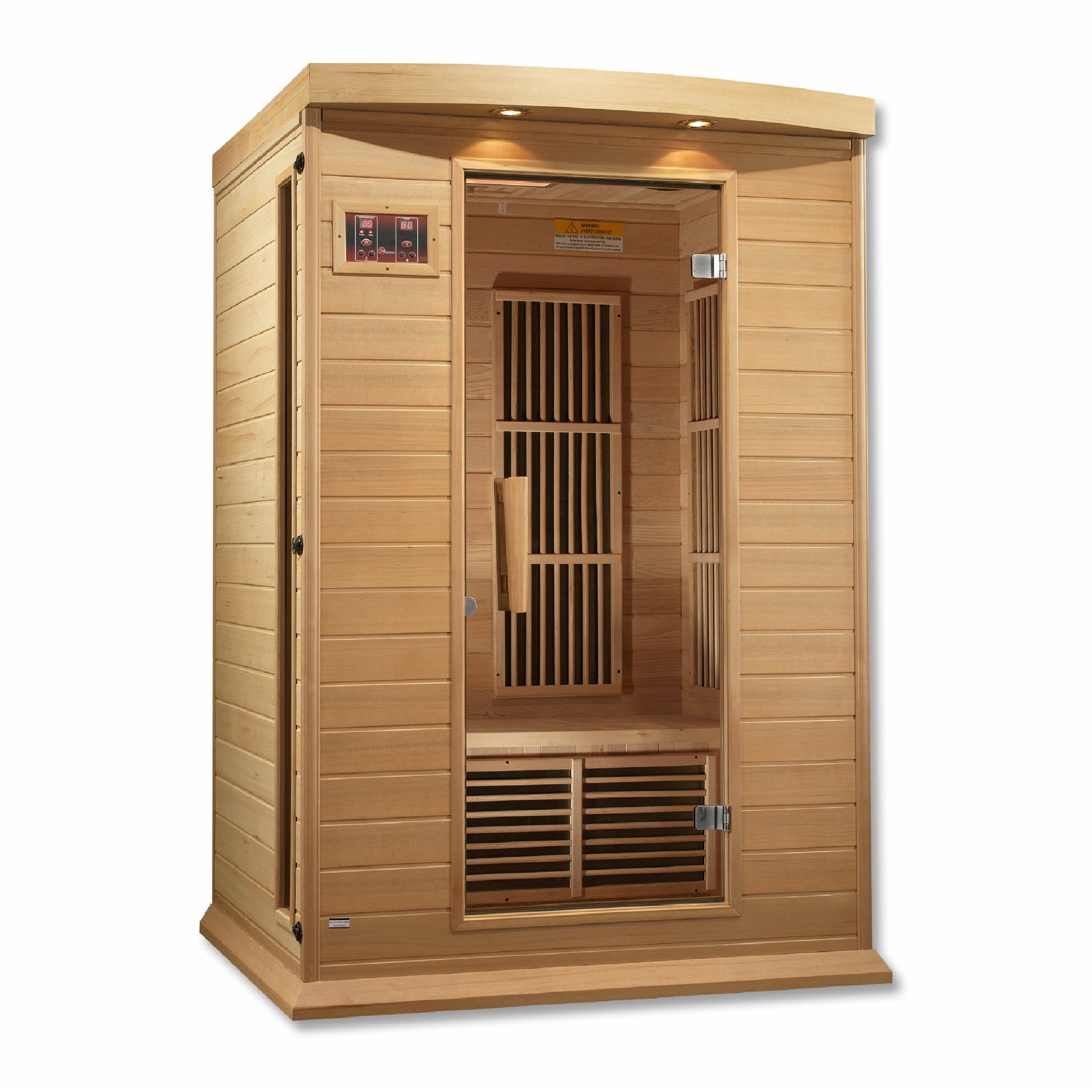 Maxxus Low EMF FAR Infrared Sauna - 2 Person - Natural hemlock wood construction with Tempered glass door and 2 full-length side windows,  Interior color therapy lighting,  Carbon heating panels, Roof vent,  Interior/exterior LED control panels,  FM Radio with BT, MP3 auxiliary, SD, and USB connection Electrical service in a white background