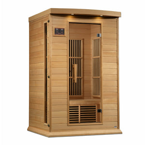 Maxxus Near Zero EMF FAR Infrared Sauna - 2 Person  - Natural canadian hemlock wood construction with Tempered glass door and 2 full-length side windows, Interior reading light, Carbon Tech Low EMF FAR Infrared heaters , Roof vent, Interior LED control panel,  FM Radio with BT, MP3 auxiliary, SD, and USB connection, Electrical service in a white background