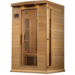 Maxxus Near Zero EMF FAR Infrared Sauna - 2 Person  - Natural canadian hemlock wood construction with Tempered glass door and 2 full-length side windows, Interior reading light, Carbon Tech Low EMF FAR Infrared heaters , Roof vent, Interior LED control panel,  FM Radio with BT, MP3 auxiliary, SD, and USB connection, Electrical service in a white background