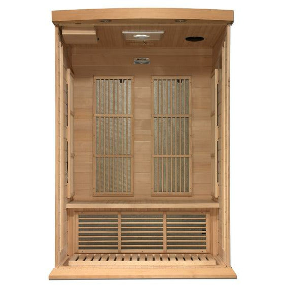 Maxxus Near Zero EMF FAR Infrared Sauna - 2 Person  - Natural canadian hemlock wood construction with Tempered glass door and 2 full-length side windows, Interior reading light, Carbon Tech Low EMF FAR Infrared heaters , Roof vent, Interior LED control panel,  FM Radio with BT, MP3 auxiliary, SD, and USB connection, Electrical service interior vie  in a white background