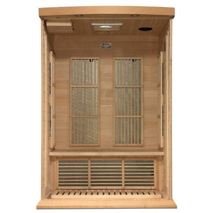Maxxus Near Zero EMF FAR Infrared Sauna - 2 Person  - Natural canadian hemlock wood construction with Tempered glass door and 2 full-length side windows, Interior reading light, Carbon Tech Low EMF FAR Infrared heaters , Roof vent, Interior LED control panel,  FM Radio with BT, MP3 auxiliary, SD, and USB connection, Electrical service interior vie  in a white background