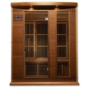 Maxxus Avignon Edition Near Zero EMF FAR Infrared Sauna - 3 Person Natural Canadian Red Cedar Roof vent with Tempered glass door and 2 full-length side windows and LED control panels front view in white background