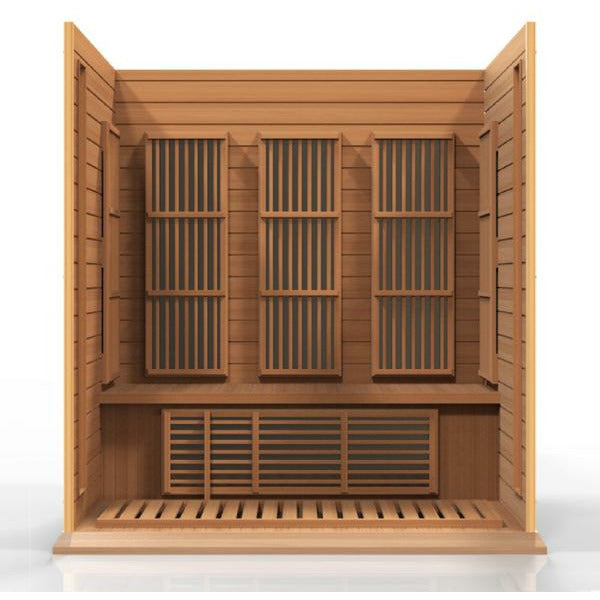 Maxxus Avignon Edition Near Zero EMF FAR Infrared Sauna - 3 Person Natural Canadian Red Cedar inside partial build view in white background