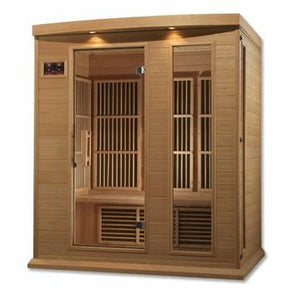 Maxxus Infrared Canadian Hemlock Sauna with tempered glass door and 2 full length side windows 3 person isometrical view