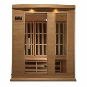 Maxxus Infrared Canadian Hemlock Sauna with tempered glass door and 2 full length side windows 3 person front view