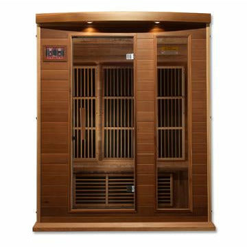 Maxxus Infrared Canadian Red Cedar sauna with tempered glass door and 2 full length side windows 3 person isometrical view