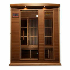 Maxxus Infrared Canadian Red Cedar sauna with tempered glass door and 2 full length side windows 3 person front view
