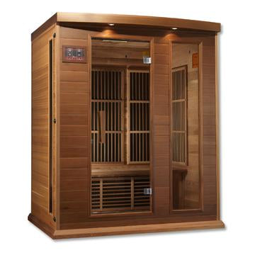 Maxxus Infrared Canadian Red Cedar sauna with tempered glass door and 2 full length side windows 3 person isometrical view