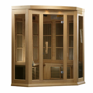 Maxxus Low EMF FAR Infrared Sauna - 3 Person - Natural hemlock wood construction with Tempered glass door and 2 full-length side windows,  Interior color therapy lighting,  Carbon heating panels, Roof vent,  Interior/exterior LED control panels,  FM Radio with BT, MP3 auxiliary, SD, and USB connection Electrical service in a white background