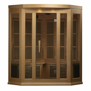 Maxxus Low EMF FAR Infrared Sauna - 3 Person - Natural hemlock wood construction with Tempered glass door and 2 full-length side windows,  Interior color therapy lighting,  Carbon heating panels, Roof vent,  Interior/exterior LED control panels,  FM Radio with BT, MP3 auxiliary, SD, and USB connection Electrical service in a white background