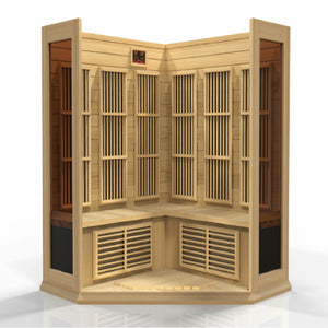Maxxus Low EMF FAR Infrared Sauna - 3 Person - Natural hemlock wood construction with 2 full-length side windows inside front view in a white background