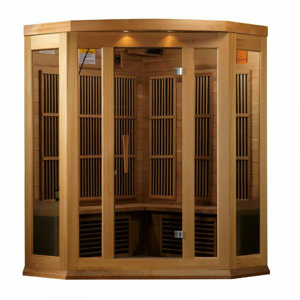 Maxxus Low EMF FAR Infrared Sauna - 3 Person - Natural Canadian red cedar construction with Tempered glass door and 2 full-length side windows,  Interior color therapy lighting,  Carbon heating panels, Roof vent,  Interior/exterior LED control panels,  FM Radio with BT, MP3 auxiliary, SD, and USB connection Electrical service in a white background