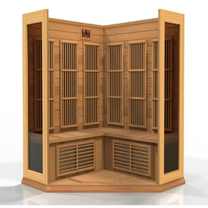 Maxxus Low EMF FAR Infrared Sauna - 3 Person - Natural Canadian red cedar construction with 2 full-length side windows inside front view in a white background