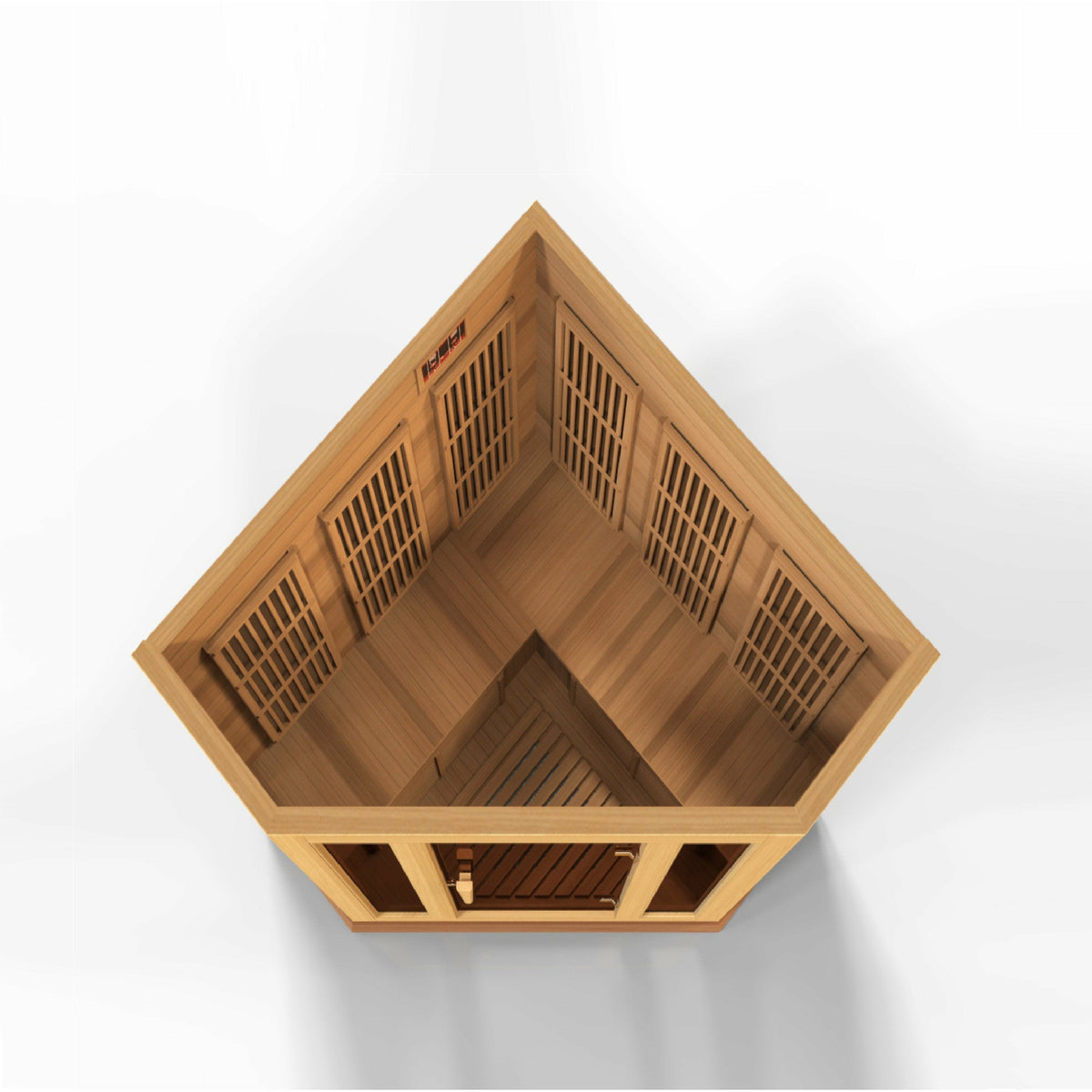 Maxxus Low EMF FAR Infrared Sauna - 3 Person - Natural Canadian red cedar construction with 2 full-length side windows inside top view in a white background