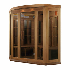Maxxus Chaumont Edition Corner Near Zero EMF FAR Infrared Sauna - 3 Person Natural Canadian Red Cedar Roof vent with Tempered glass door and 2 full-length side windows side view in white background