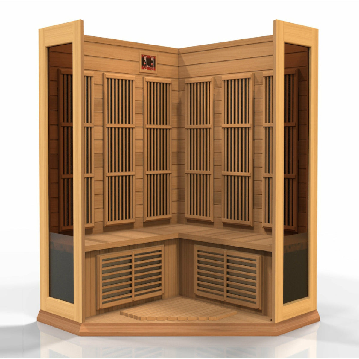 Maxxus Chaumont Edition Corner Near Zero EMF FAR Infrared Sauna - 3 Person Natural Canadian Red Cedar with Tempered 2 full-length side windows inside front view in white background