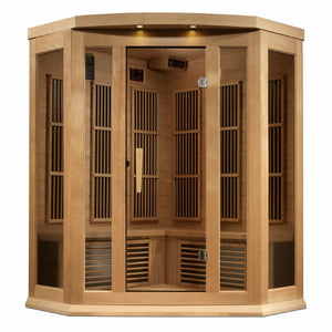 Maxxus Corner Near Zero EMF FAR Infrared Sauna - 3 Person - Natural Canadian Red Cedar with Tempered glass door and 2 full-length side windows,  Interior color therapy lighting,  Carbon PureTech™ Near Zero EMF Heat Emitters, Roof vent,  Interior/exterior LED control panels,  FM Radio with BT, MP3 auxiliary, SD, and USB connection Electrical service in a white background