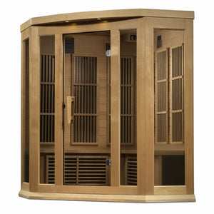 Maxxus Corner Near Zero EMF FAR Infrared Sauna - 3 Person - Natural Canadian Red Cedar with Tempered glass door and 2 full-length side windows,  Interior color therapy lighting,  Carbon PureTech™ Near Zero EMF Heat Emitters, Roof vent,  Interior/exterior LED control panels,  FM Radio with BT, MP3 auxiliary, SD, and USB connection Electrical service in a white background