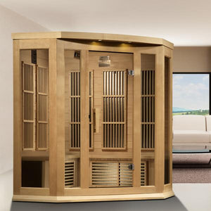 Maxxus Corner Near Zero EMF FAR Infrared Sauna - 3 Person - Natural Canadian Red Cedar with Tempered glass door and 2 full-length side windows,  Interior color therapy lighting,  Carbon PureTech™ Near Zero EMF Heat Emitters, Roof vent,  Interior/exterior LED control panels,  FM Radio with BT, MP3 auxiliary, SD, and USB connection Electrical service placed in a room