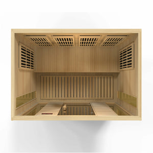 Maxxus Low EMF FAR Infrared Sauna - 4 Person - Natural hemlock wood construction with Tempered glass door and 2 full-length side windows,  Interior color therapy lighting,  Carbon heating panels, Roof vent,  Interior/exterior LED control panels,  FM Radio with BT, MP3 auxiliary, SD, and USB connection Electrical service top view in a white background