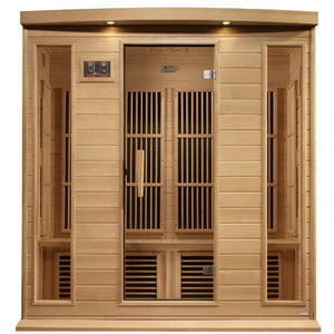 Maxxus Near Zero EMF FAR Infrared Sauna  - Natural canadian hemlock wood construction with Tempered glass door and 2 full-length side windows, Interior reading light, Carbon Tech Low EMF FAR Infrared heaters , Roof vent, Interior LED control panel,  FM Radio with BT, MP3 auxiliary, SD, and USB connection, Electrical service in a white background