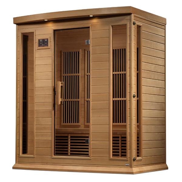 Maxxus Near Zero EMF FAR Infrared Sauna  - Natural canadian hemlock wood construction with Tempered glass door and 2 full-length side windows, Interior reading light, Carbon Tech Low EMF FAR Infrared heaters , Roof vent, Interior LED control panel,  FM Radio with BT, MP3 auxiliary, SD, and USB connection, Electrical service in a white background