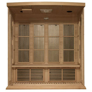Maxxus Near Zero EMF FAR Infrared Sauna  - Natural canadian hemlock wood construction with Tempered glass door and 2 full-length side windows, Interior reading light, Carbon Tech Low EMF FAR Infrared heaters , Roof vent, Interior LED control panel,  FM Radio with BT, MP3 auxiliary, SD, and USB connection, Electrical service interior view  in a white background