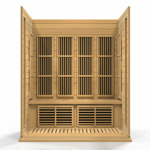 Maxxus Low EMF FAR Infrared Sauna - 4 Person - Natural hemlock wood construction with Tempered glass door and 2 full-length side windows,  Interior color therapy lighting,  Carbon heating panels, Roof vent,  Interior/exterior LED control panels,  FM Radio with BT, MP3 auxiliary, SD, and USB connection Electrical service inside front view in a white background