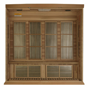 Maxxus Montilemar Edition Near Zero EMF FAR Infrared Sauna - 4 Person  - Natural canadian hemlock wood construction with Tempered glass door and 2 full-length side windows, Interior reading light, Carbon Tech Low EMF FAR Infrared heaters , Roof vent, Interior LED control panel,  FM Radio with BT, MP3 auxiliary, SD, and USB connection, Electrical service interior view in a white background