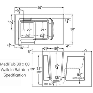 Meditub 30 x 60 Walk-In Bathtub 3060WI Dimension Drawing - Vital Hydrotherapy