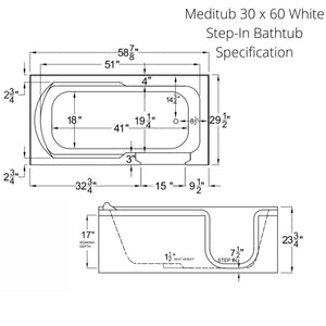 Meditub 30 x 60 White Step-In Bathtub 3060SI Dimension Drawing - Vital Hydrotherapy