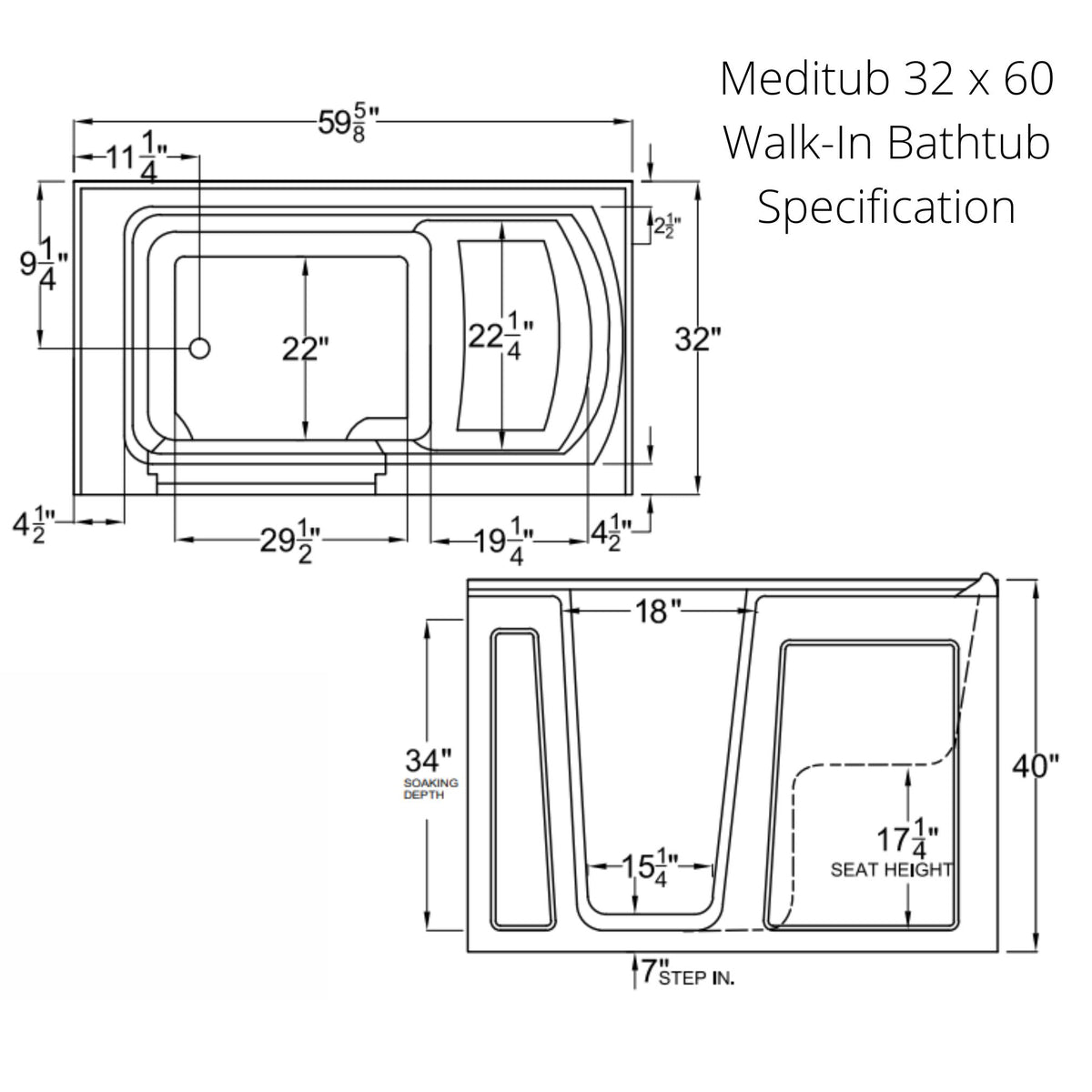 Meditub 32 x 60 Walk-In Bathtub 3260 Dimension Drawing - Vital Hydrotherapy