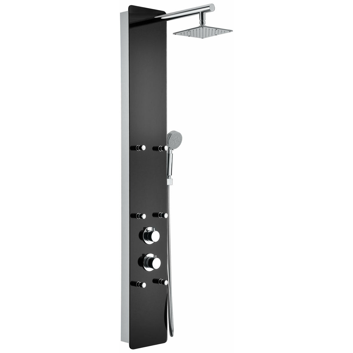 Anzzi Melody 59 in. Six Fully Adjustable and Directional Acu-stream Body Jets with Swiveling Overhead Shower, Two Shower Control Knobs and Euro-grip Handheld Sprayer in Black Deco-Glass SP-AZ018 - Vital Hydrotherapy