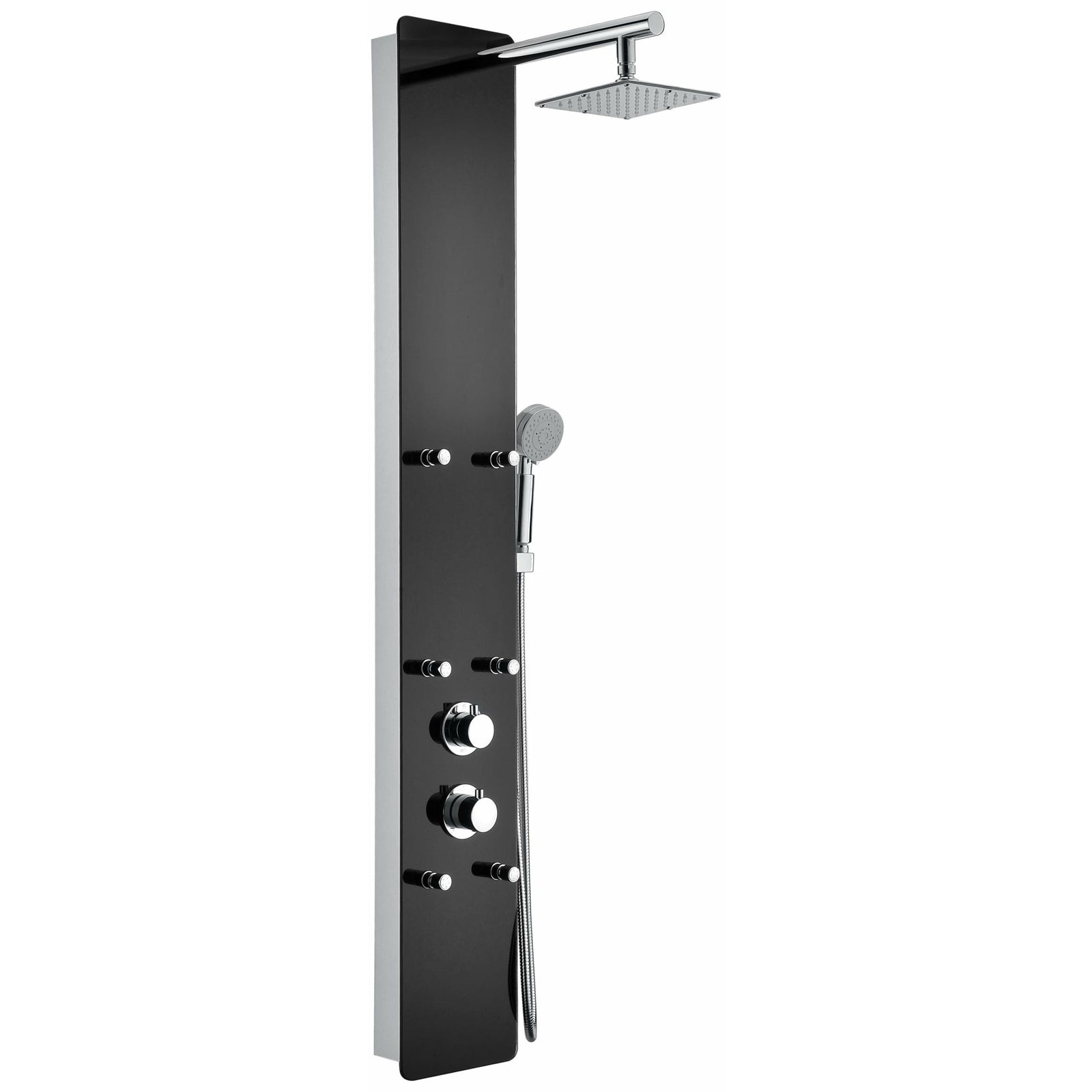 Anzzi Melody 59 in. Six Fully Adjustable and Directional Acu-stream Body Jets with Swiveling Overhead Shower, Two Shower Control Knobs and Euro-grip Handheld Sprayer in Black Deco-Glass SP-AZ018 - Vital Hydrotherapy
