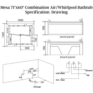 Mesa 71"x60" Combination Air/Whirlpool Bathtub WS-0502 Jetted Tub Specification Drawing - Vital Hydrotherapy