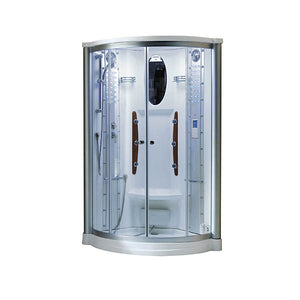 Mesa 801A Corner Steam Shower sliding glass doors with a center-mounted bench seat, adjustable handheld shower head, anti-fog mirror, and a blue LED lighting