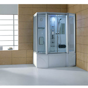 Mesa 807A Steam Shower with jetted tub sliding tempered clear door with handheld showerhead, storage shelves, FM Radio Built-In, LED ceiling light and a blue LED lighting