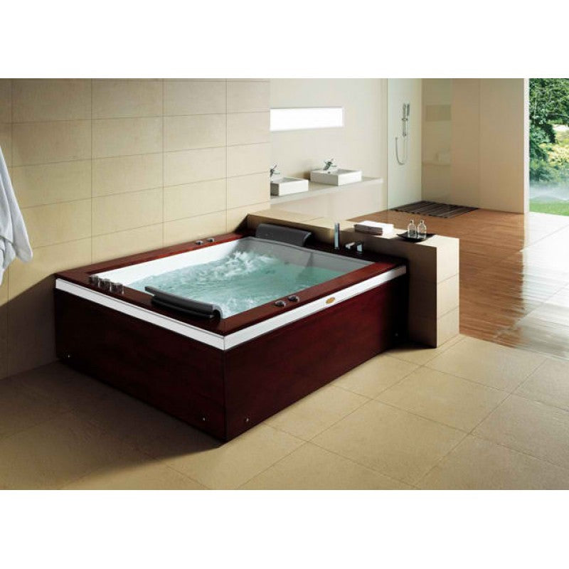 Mesa 71"x60" Combination Air/Whirlpool Bathtub BT-0502 - Dual Head Rests, Handheld Movable Shower, Wooden Decking and White Acrylic Skirt - Vital Hydrotherapy