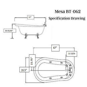 Mesa Malibu 67" Whirlpool Tub WS-062 Clawfoot Tub Specification Drawing - Vital Hydrotherapy