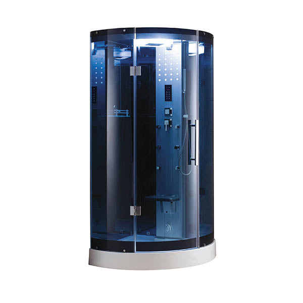 Mesa WS-302A Corner Steam Shower stylish curved blue-tinted glass all around with a heavy-duty hinged door and chrome exterior and interior accents with a fold-down seat, storage shelves, FM Radio Built-In, adjustable handheld shower head and a fluorescent blue mood lighting