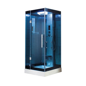 Mesa WS-303A Steam Shower tempered blue glass on all sides with a nickel interior control panel with 3KW steam generator, fluorescent blue mood lighting, storage shelves and an adjustable handheld shower head
