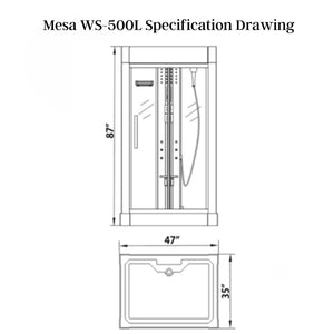 Mesa White with Blue Glass Steam Shower WS-500L Specification Drawing - Vital Hydrotherapy