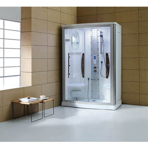 Mesa WS-803A Steam Shower slightly curved front tempered clear glass with chrome interior control panel with 3KW Steam generator, dual molded corner seats, a rainfall and handheld shower, mirror and storage shelves