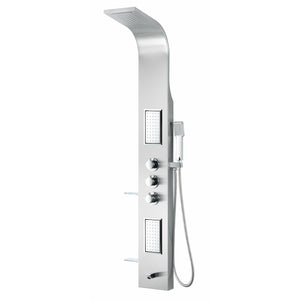 Anzzi Mesmer 58 Inch Full Body Shower Panel with Dual Level Deco-Glass Shampoo Shelfs, Heavy Rain Shower Head With Cascading Waterfall, Acu-stream Directional Body Jets, Shower Control Knobs, Concentrated Water Spout and Euro-grip Handheld Sprayer in Brushed Steel SP-AZ8094 - Vital Hydrotherapy