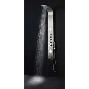 Anzzi Mesmer 58 Inch Full Body Shower Panel with Deco-Glass Shampoo Shelfs, Heavy Rain Shower Head With Cascading Waterfall, Acu-stream Directional Body Jets, Shower Control Knobs, Concentrated Water Spout and Euro-grip Handheld Sprayer in Brushed Steel SP-AZ8094 - Vital Hydrotherapy