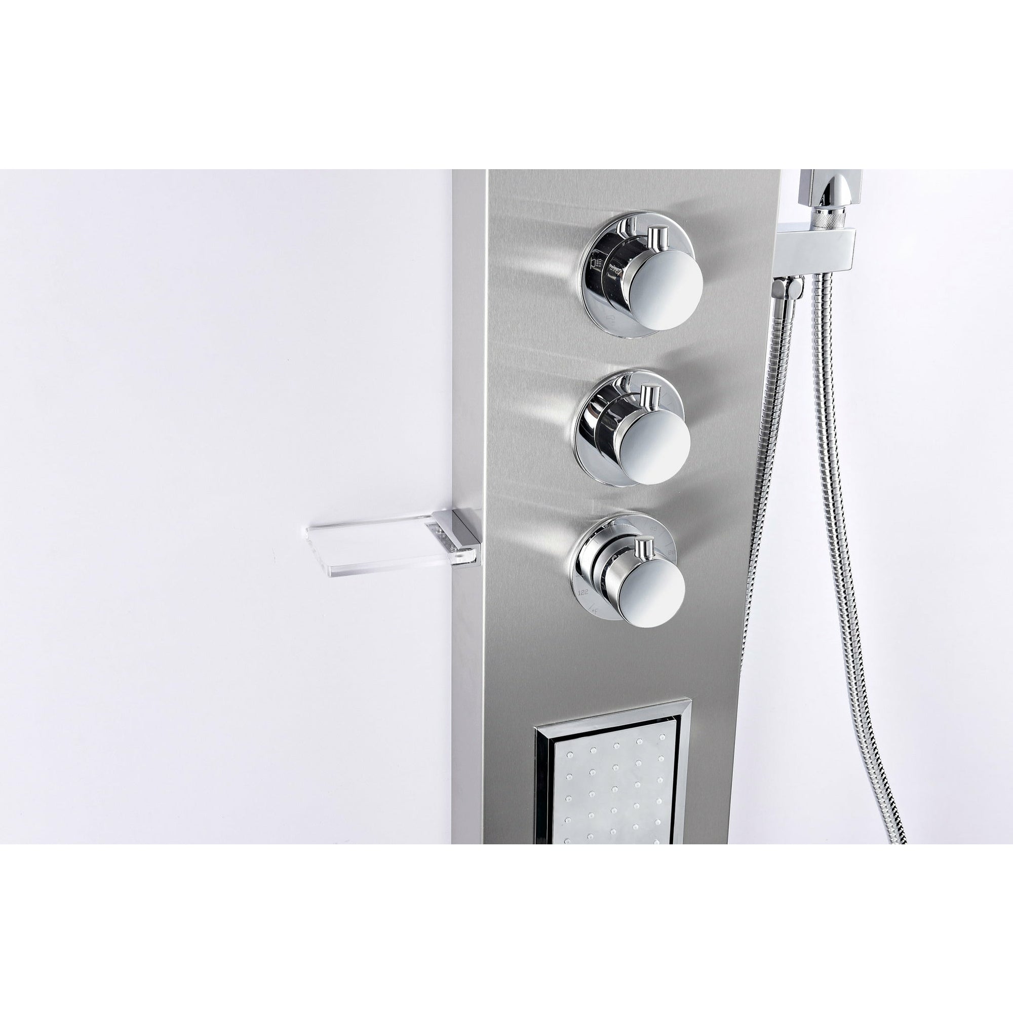 Anzzi Mesmer 58 Inch Full Body Shower Panel with Dual Level Deco-Glass Shampoo Shelfs, Heavy Rain Shower Head With Cascading Waterfall, Acu-stream Directional Body Jets, Shower Control Knobs, Concentrated Water Spout and Euro-grip Handheld Sprayer in Brushed Steel SP-AZ8094 - Vital Hydrotherapy