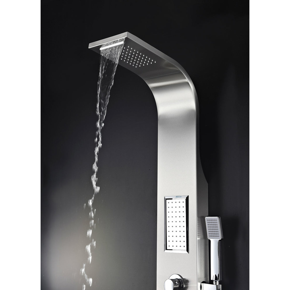 Anzzi Mesmer 58 Inch Full Body Shower Panel with Deco-Glass Shampoo Shelfs, Heavy Rain Shower Head With Cascading Waterfall, Acu-stream Directional Body Jets, Shower Control Knobs, Concentrated Water Spout and Euro-grip Handheld Sprayer in Brushed Steel SP-AZ8094 - Vital Hydrotherapy