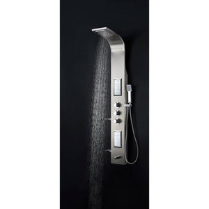 Anzzi Mesmer 58 Inch Full Body Shower Panel with Deco-Glass Shampoo Shelfs, Heavy Rain Shower Head With Cascading Waterfall, Acu-stream Directional Body Jets, Shower Control Knobs, Concentrated Water Spout and Euro-grip Handheld Sprayer in Brushed Steel SP-AZ8094 - Vital Hydrotherapy