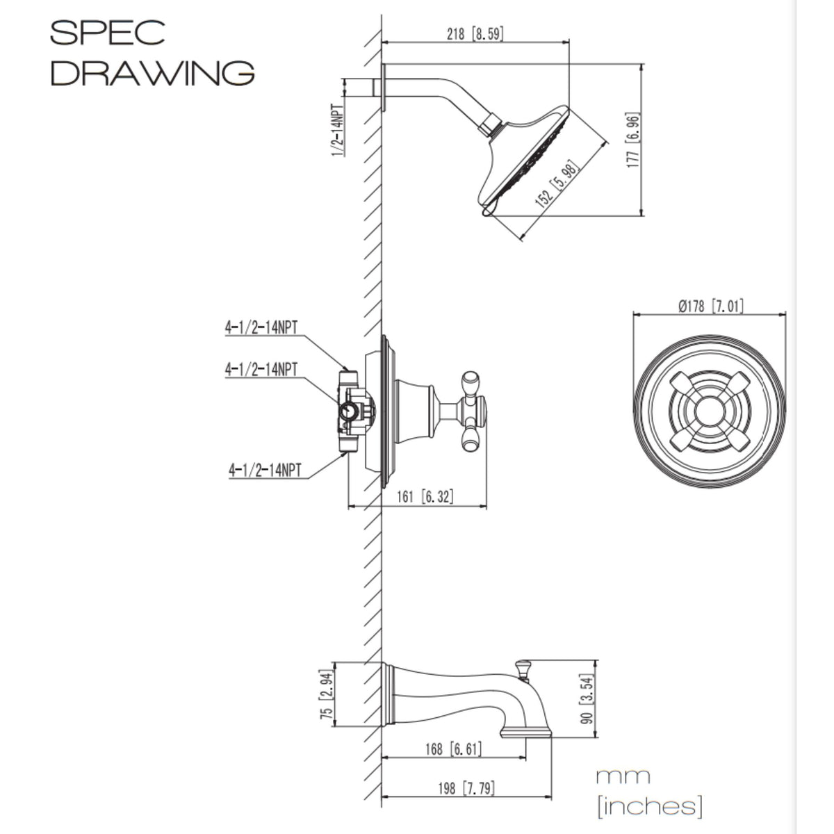 Anzzi Mesto Series 1-Handle 2-Spray Tub and Shower Faucet Specification Drawing SH-AZ0 - Vital Hydrotherapy