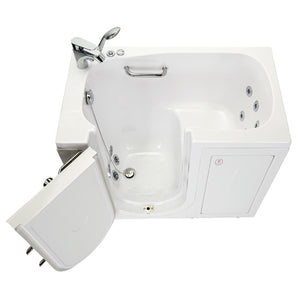 Ella Mobile 26"x45 Acrylic Hydro Massage Walk-In Bathtub with Swing Door, 2 Piece Fast Fill Faucet, 2" Drain with tempered glass outward swing door with door seal and ANTI-leak 3 latch system Left side outward swing door, 1 stainless steel grab bars, Cast acrylic high gloss finish, fiberglass gel-coat reinforced and Rugged stainless steel frame Walk-In Bathtub in a white background